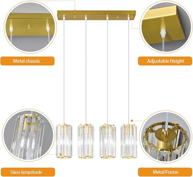 Gold Pendant Lighting Modern Pendant Light, Mini Crystal Chandeliers,Adjustable Pendant Light Fixture for Kitchen Island Dinning Room Corridor Bedroom(Gold 4-Light)