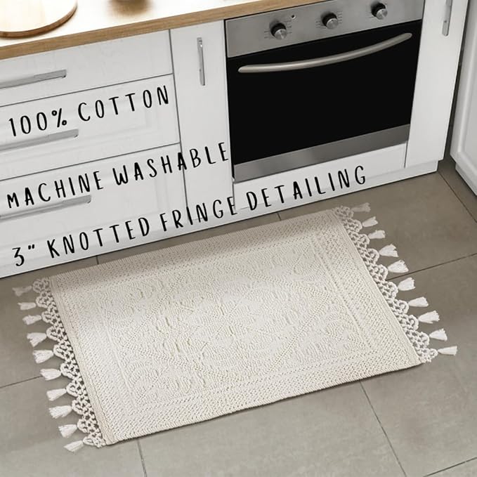 Savi Home Cotton Woven Jacquard Bathroom Rug Set of 2, Woven Fringe Bathroom Mats, 100% Cotton, Non - Slip Bath Mat, Durable Thick Bath Mat 17”x30”& 20"x38" with Fringes, Ivory