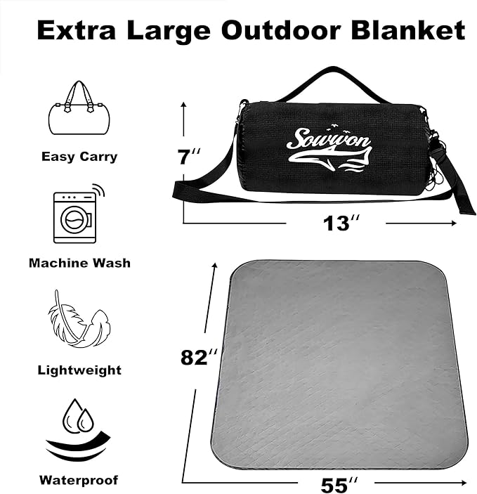 Waterproof Outdoor Blanket 82”X 55” Packable, Stadium Blankets for Camping with Fleece Lining, Large Windproof Emergency Throw Mat for Garss Picnic Hiking Road Trip, Machine Washable, Black 300GSM