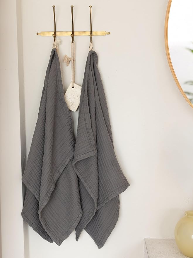4 Pieces Muslin Towel Set for Bathroom, Luxury 100% Turkish Cotton Thin Soft Quick-Dry Lint-Free Large Size Bath Hand Towel Sets (Dark Gray, 2 Bath & 2 Hand Towel Set)