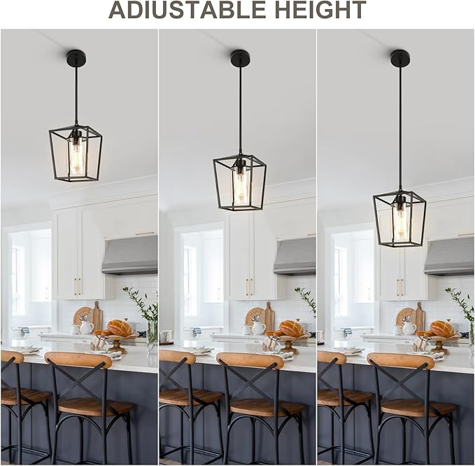 3 Pack Black Pendant Lights 1-Light Farmhouse Pendant Lights Kitchen Island Lantern Iron Cage Hanging Light Fixtures with Clear Glass Shade for Entryway, Hallway, Foyer, Porch, Dining Room