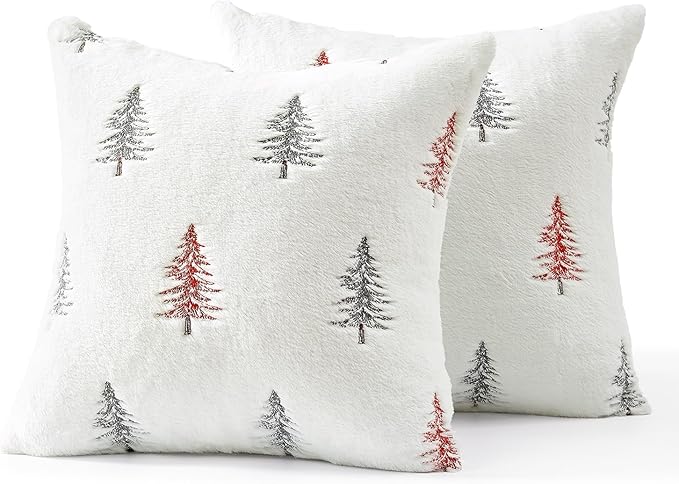 MIULEE Christmas Decorative Pillow Covers Set of 2 Faux Fur Throw Pillows with Embroidered Christmas Tree 18x18 Inch White Red Winter Couch Covers for Festival Sofa Bedroom Living Room Home Decor