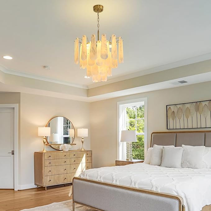 Alabaster Round Chandelier, 22" 43 PCS Natural Spanish Marble Stone Chandelier, 4-Tiers Modern Luxury Brass Alabaster Chandeliers for Dining Room, Living Room, Bedroom, Bathroom, Entryway, Foyer