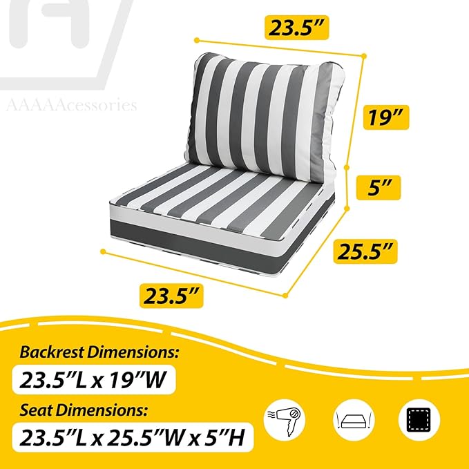 AAAAAcessories Outdoor Deep Seat Cushions, Waterproof, Fade-Resistant Patio Furniture Replacement Cushions, 23.5" x 25.5" x 5" + 23.5" x 19", Set of 2, Gray Cabana Stripe