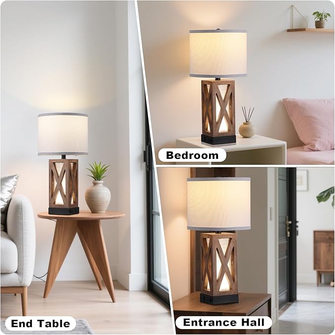 Wood Table Lamp, Vintage Nightstand Lamp with USB Charging Ports A/C, Farmhouse Bedside Lamps for Living Room