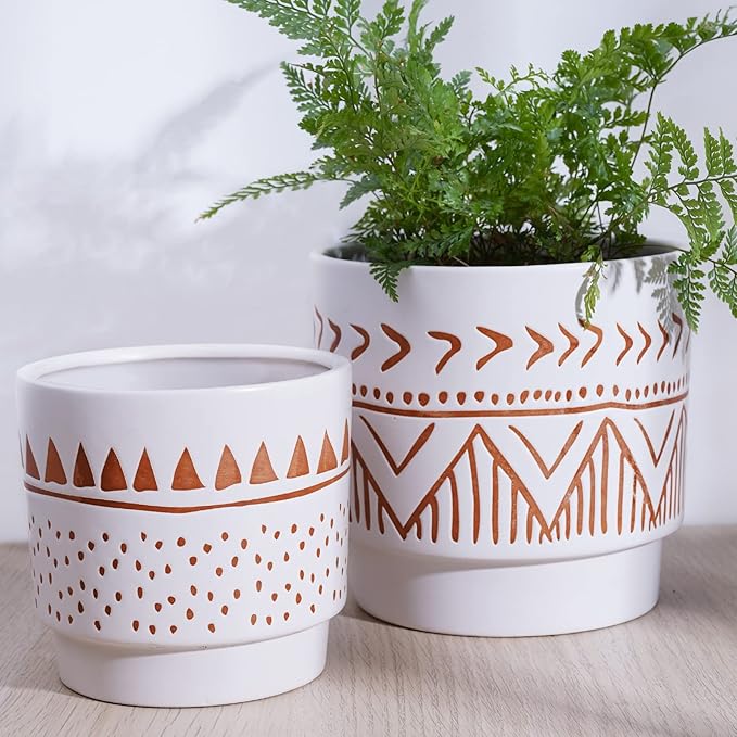 Geometric Ceramic Planters, 6 Inch Hand-Painted Ceramic Embossed Plant Pots with Drainage Holes, 2 Set Boho Minimalistic Planters for Indoor and Outdoor Plants(Beige & Brown)
