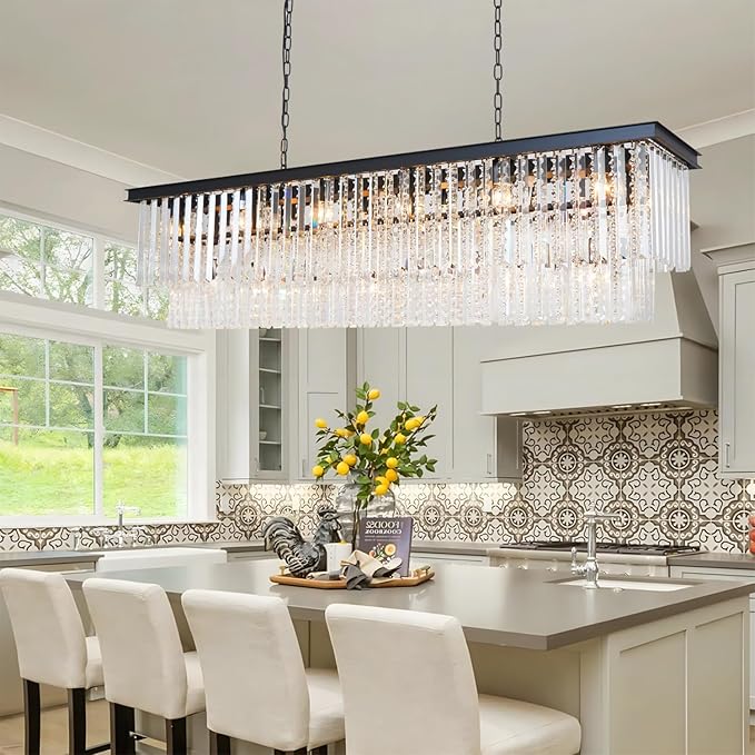 Modern Rectangular Crystal Chandelier, Farmhouse 21 Light Rectangle Chandeliers Hanging Ceiling Light Fixtures for Dining Room Kitchen Island, Living Room, Bedroom