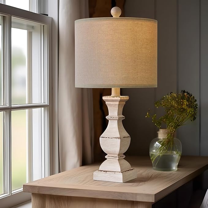 PoKat 20.5" Farmhouse Table Lamp, Vintage Bedside Lamps for Bedroom, Rustic Small End Table Lamps for Living Room, Traditional Nightstand Desk Lamps Distressed Washed White, Suitable for Small Place