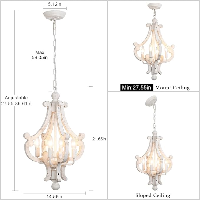 Wooden Farmhouse Chandelier 4 Lights Rustic Antique White Chandeliers for Dining Room French Country Chandelier Orb Pendant light Fixtures Hanging for Kitchen Living Room Foyer Bedroom Entryway