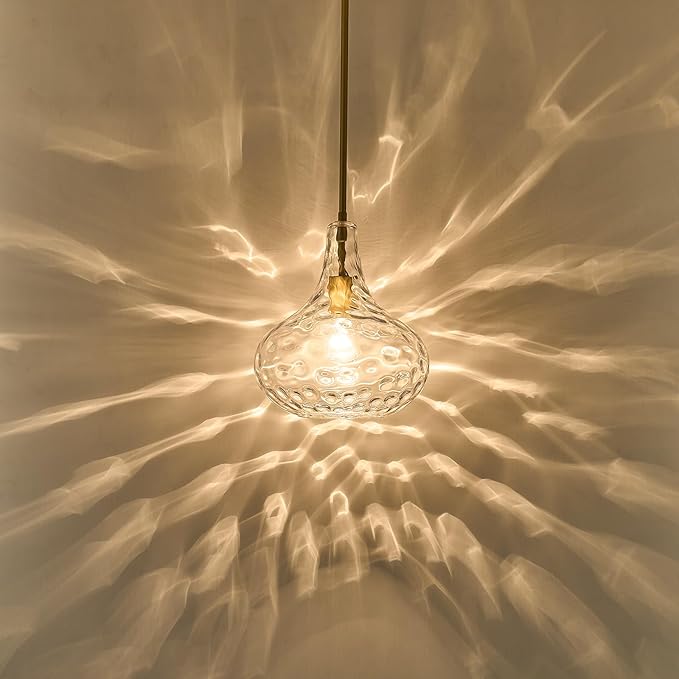 11" Clear Glass Pendant Light – Large Hand-Blown Glass Shade with Hammered Texture and Gold Finish, Adjustable Ceiling Hanging Light for Kitchen Island, Dining Room, Hallway, Living Room