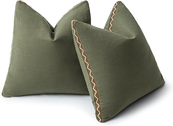 Olive Green Linen Cotton Throw Pillow Covers 20x20 Inch Set of 2, Modern Boho Aesthetic Accent Pillow Cases with Woven Flange for Couch Sofa Bed Room Earthy Tone Home Decor