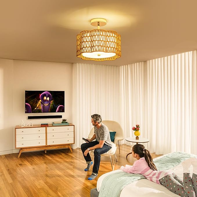 Tbaoinla✿ 13.8＂ Handwoven 3-Light Rattan Ceiling Light | Boho Flush Mount for Bedroom & Nursery, Natural Fiber Basket Light Fixture, Gold Light Fixture