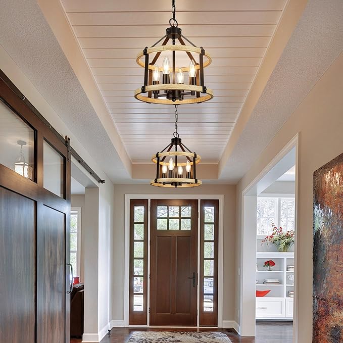 4-Light Farmhouse Chandelier, 12.5 Inch Rustic Black and Vintage Wood Finish Chandeliers for Dining Room Light Fixture, Adjustable Height Hanging Light for Kitchen Island, Entryway, Indoor
