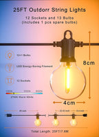 Outdoor String Lights, 25FT Patio Lights with 13 Shatterproof G40 Globe Bulb(1 Spare), Waterproof Connectable Dimmable LED Hanging String Lights for Outside Backyard Porch Balcony, 2700K