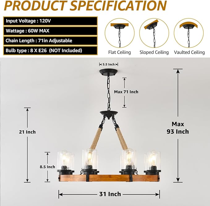 8 Light Rustic Wagon Wheel Chandelier, 32'' Wooden Pendant Light with Seeded Glass Shade, Industrial Chandeliers for Dining Room Kitchen Island Foyer (Solid One-Piece Wood Frame Design)