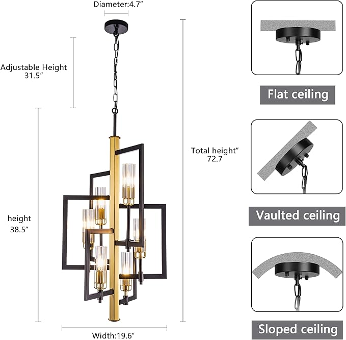 Wellmet Black Gold Chandelier Light，6-Light Brass Geometric Chandeliers for Dining Room, Modern Pendant Lighting Fixture Hanging for Foyer Kitchen Island Entryway, Metal Frame with Glass Shade