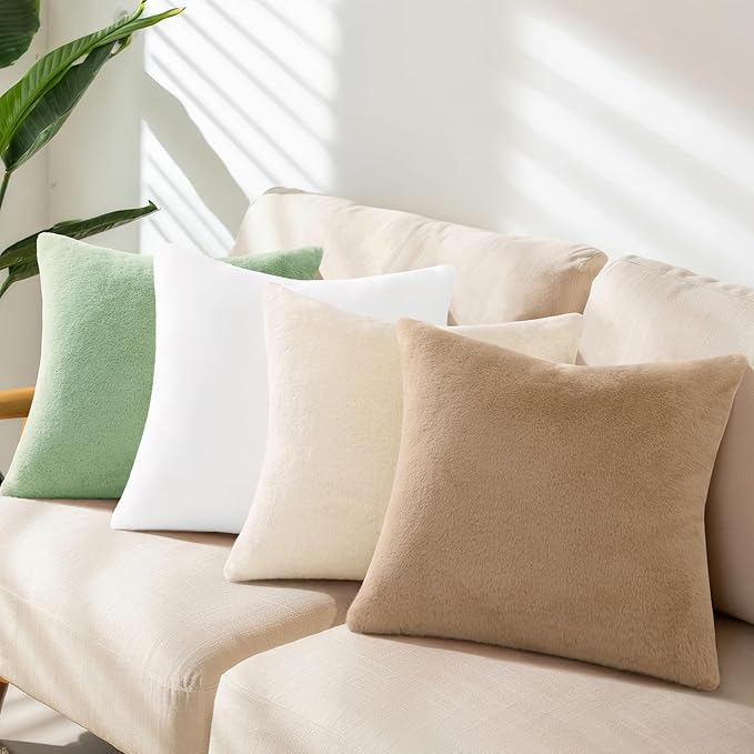 Pallene Faux Fur Plush Throw Pillow Covers 22x22 Set of 2, Soft Fluffy Couch Pillow Covers for Living Room, Sage Green