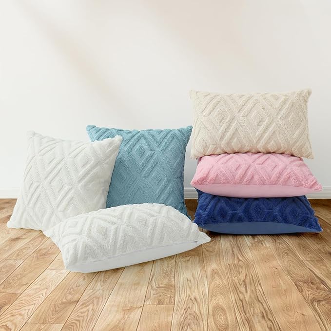 Pallene Light Teal Throw Pillow Covers 18x18 Set of 2, Soft Plush Faux Fur Decorative Couch Pillow Covers for Sofa Bed Living Room Pillow Cases with 3D Diamond Pattern