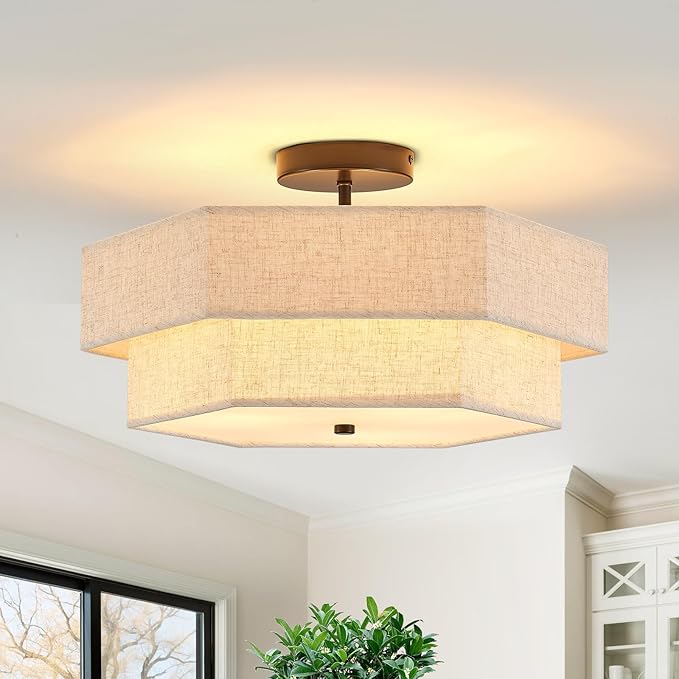 Modern Semi Flush Mount Ceiling Light 18" Modern Black Drum Ceiling Lighting Fixture with Linen Shade Vintage Ceiling Lamp for Living Room, Bedroom, Kitchen, Dining Room, Hallway, and Entryway