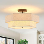 Modern Semi Flush Mount Ceiling Light 18" Modern Black Drum Ceiling Lighting Fixture with Linen Shade Vintage Ceiling Lamp for Living Room, Bedroom, Kitchen, Dining Room, Hallway, and Entryway