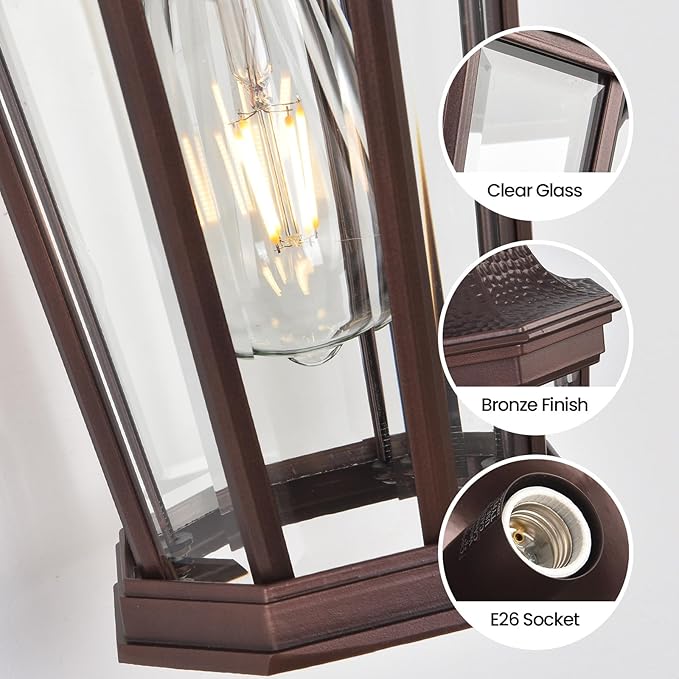 Outdoor Wall Lantern, Exterior Waterproof Outdoor Wall Light Fixtures, Brown Aluminum Porch Sconces with E26 Sockets & Clear Glass
