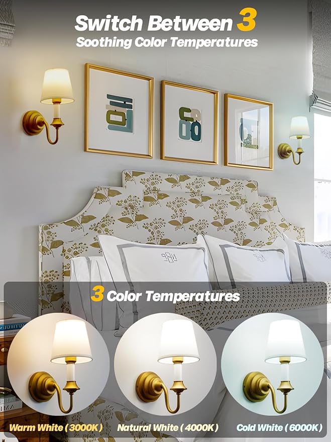 Battery Operated Wall Sconces Set of 2,Vintage Brass Gold Fabric Sconce Light with Linen Cloth Shade Dimmable Rechargeable Cordless Wall Mounted Lamp for Bedroom Living Room Hallway