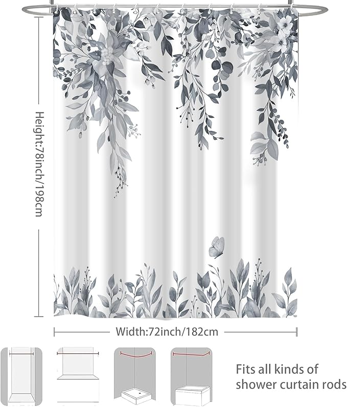 Eucalyptus Shower Curtain, Blue Grey Watercolor Leaves with Floral Botanical Bathroom Decor, Waterproof Fabric Bath Curtain Set with Hooks, 72x78 Inches