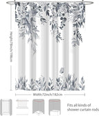 Eucalyptus Shower Curtain, Blue Grey Watercolor Leaves with Floral Botanical Bathroom Decor, Waterproof Fabric Bath Curtain Set with Hooks, 72x84 Inches