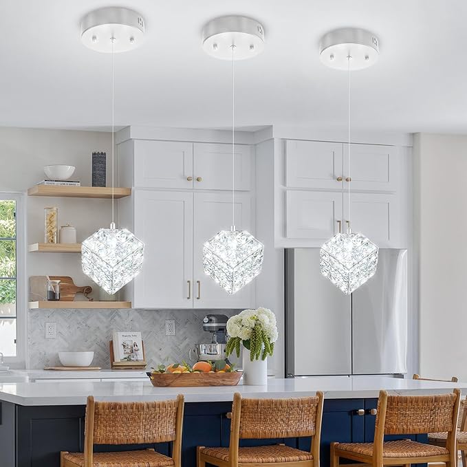 1-Light Modern Chrome Pendant Light Fixtures for Kitchen Island Small Hanging Crystal Chandelier for Bedroom Entryway Living Room Foyer Hallway LED Dimmable Chandeliers for Dining Room