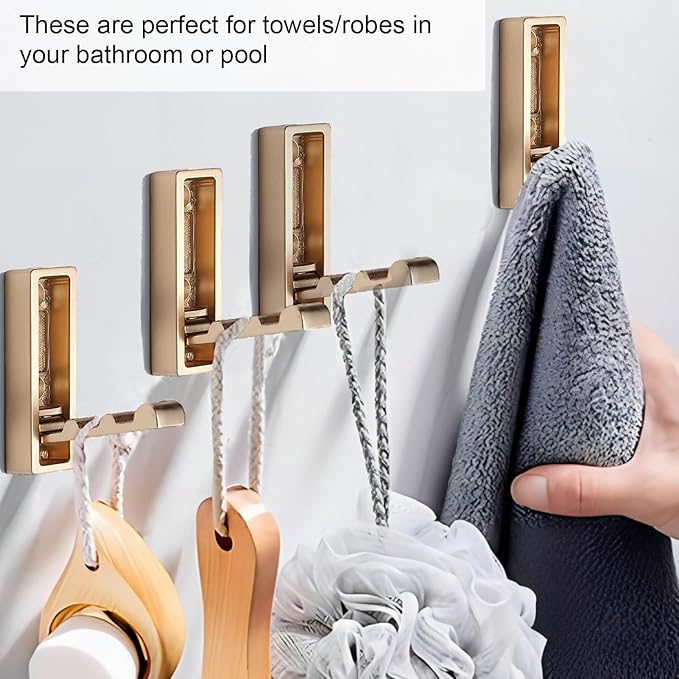 Foldable Gold Wall Hooks 4 Pack,Heavy Duty Wall Hooks for Hanging Coats Towels Backpacks Bags Brushed Gold Towel Hooks in The Bathroom,Closet,Entryway,Pool and Kitchen.(Gold, 4)