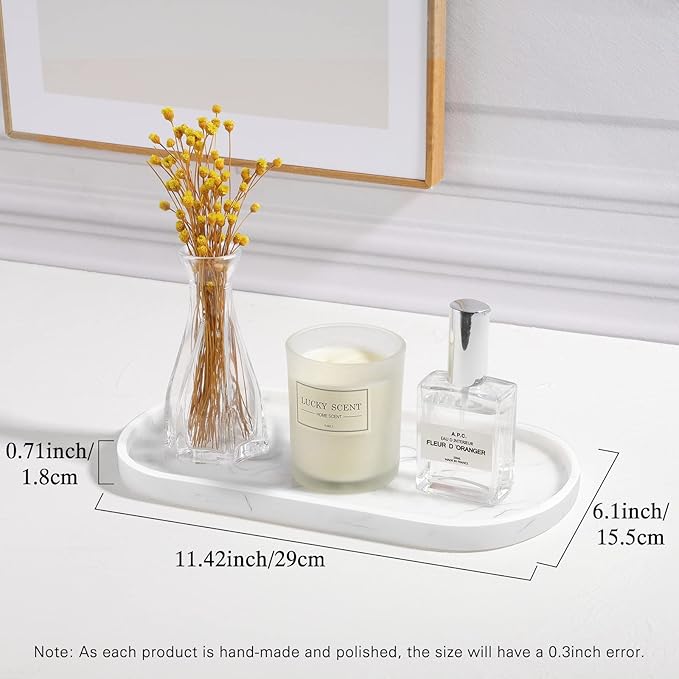 Luxspire Vanity Tray, Toilet Tank Oval Storage Tray, Resin Soap Tray Bathtub Tray, Bathroom Countertop Organization, Vanity Organizer for Candles, Soap, Towel, Plant, Medium, 11.4 Inch, Marble White
