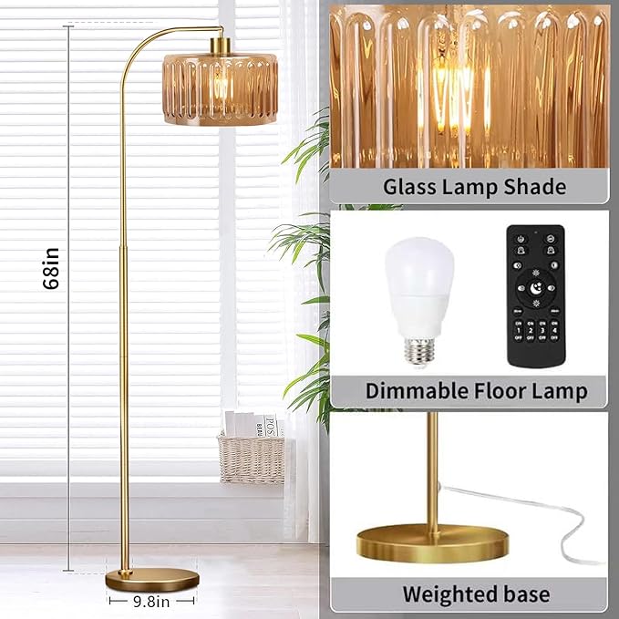 Gold Floor Lamp for Living Room,Bedroom,Mid Century Modern Standing Lamp with Remote,Dimmable Brass Tall Lamp Glass Lamp Vintage Retro Arc Floor Lamps Flower Floor Light Boho Bohemian