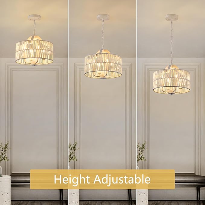 Rattan Chandelier for Dining Room, 4-Light Pendant Light Fixture with White Drum Shade, Adjustable Woven Wicker Flush Mount Ceiling Light, Modern Hanging Lighting for Kitchen Island Entryway
