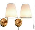 Bedroom Bedside Wall Lamps Set of 2 Gold Brass Plug in Wall Sconce Fabric Shade for Living Room