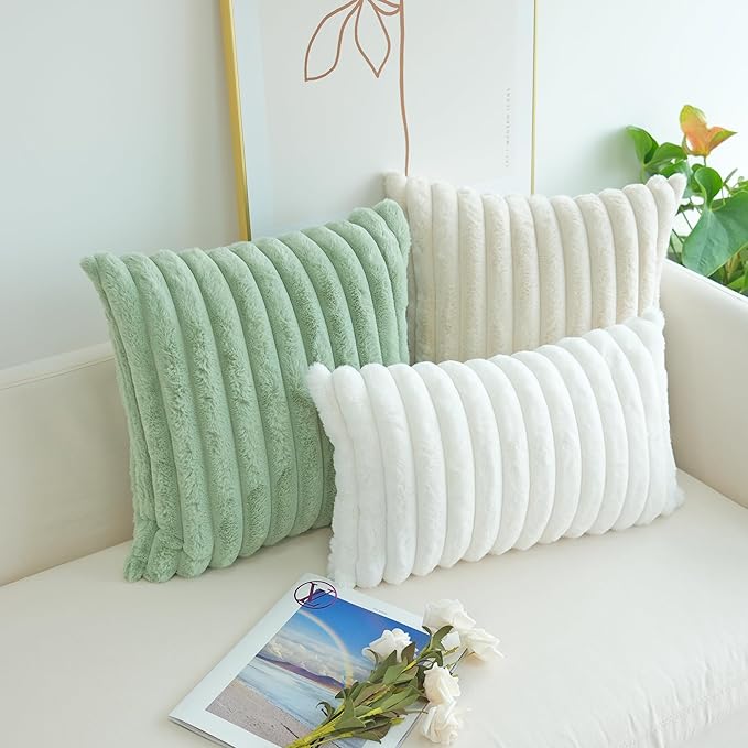JOJUSIS Pack of 2 Faux Fur Plush Decorative Throw Pillow Covers Couch Cushion Case Soft Pillowcases (White, 12 x 20-Inch)