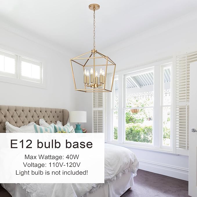 MELUCEE 16-inch Wide Farmhouse Chandelier Gold, 6-Light Vintage Openwork Cage Pendant Lighting Lantern Hanging Ceiling Light, Ideal for Kitchen Island Dining Areas Foyer, E12 Base