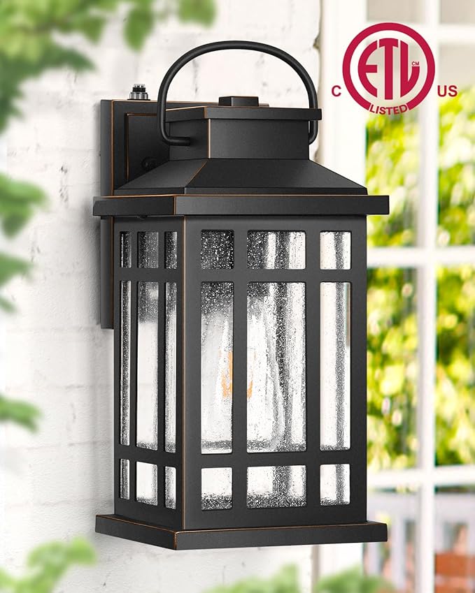 Exterior Lighting Fixtures, Black Porch Lights Outdoor with Gold Trim, Dusk to Dawn Porch Light with Seeded Glass, Aluminum Anti-Rust Waterproof Outdoor Wall Lantern for Houae, Garage, Doorway
