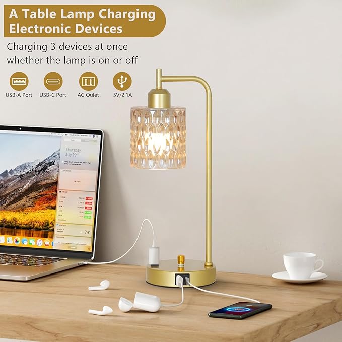 Amber Table Lamp with USB Port and Outlet Set of 2, Glass Bedside Table Lamp for Bedroom, Retro Desk Lamps for Home Office, Mid Century Modern Small Night Stand Lamps, Gold Rustic Desk Light