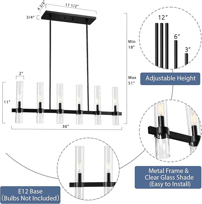 Untrammelife Modern Linear Island Light,6-Light Black Large Chandelier 36" W Rectangle Pendant Light with Clear Glass Shade,45 in Adjustable Rod Farmhouse Hanging Light Dining Room Kitchen Island