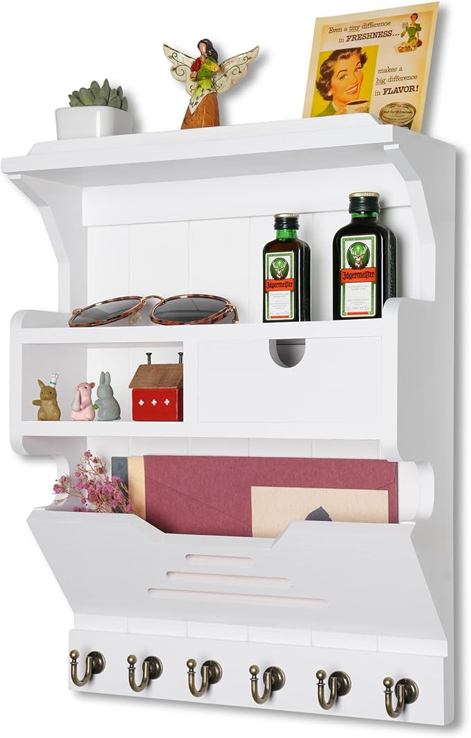 Wall Mount Mail Organizer with Storage Drawer and 6 Hooks, Easy Installation Key Rack for Entryway and Home Decor, Luxury White
