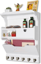 Wall Mount Mail Organizer with Storage Drawer and 6 Hooks, Easy Installation Key Rack for Entryway and Home Decor, Luxury White