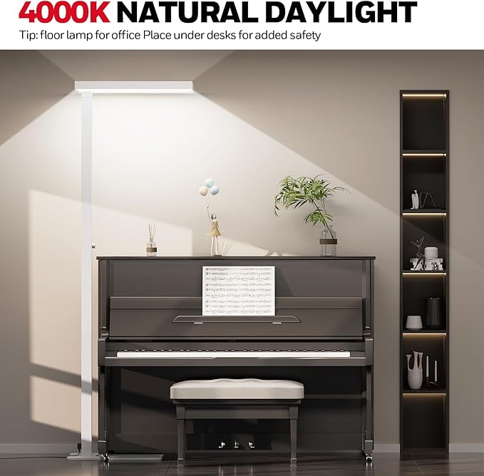 Honeywell 6000LM LED Floor Lamp, 02E Sunturalux Eye-Caring Reading Standing Light, 60W Modern Natural Daylight 4000K Dimmable 77" Tall Floor Lamps for Living Room Kids Study Home Office White