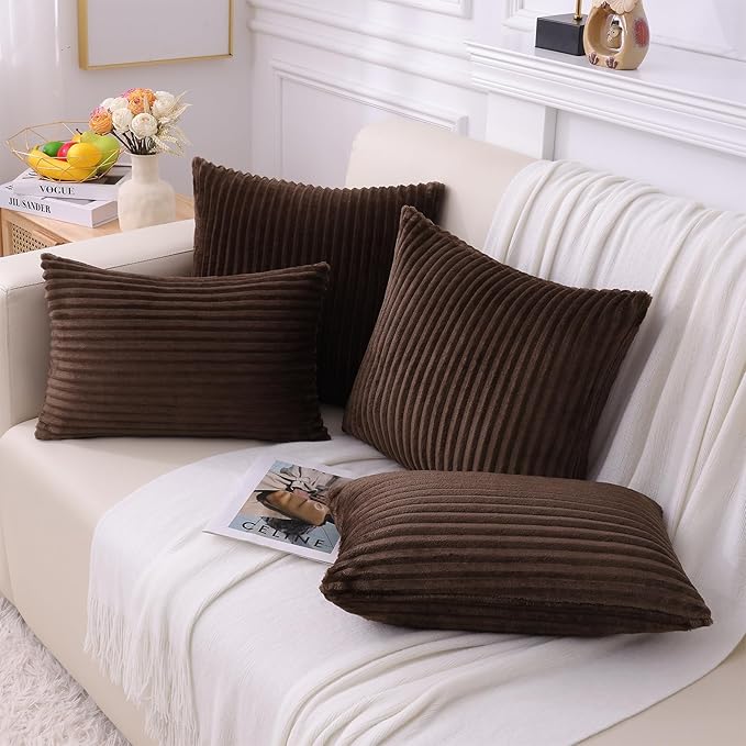 Simmore Decorative Throw Pillow Covers 24x24 Set of 2, Soft Natural Plush Flannel Double-Sided Fluffy Couch Pillow Covers for Sofa Living Room, Brown