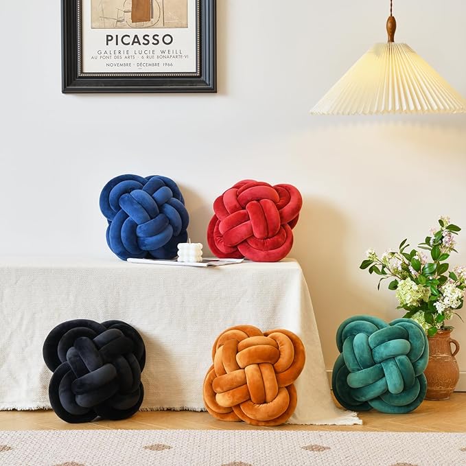 Xuyier Knot Pillow Ball, Decorative Throw Pillows with Velvet Fabric for Couch Bed, 12" Decor Knotted Square Floor Pillow Cushions for Living Room (12 Inches, Navy Blue)