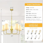 Farmhouse Chandelier, 5-Light Gold Chandelier with White Fabric Shade, Height Adjustable Modern Dining Room Light Fixture with E26 Base for Bedroom Foyer Hallway Entryway Kitchen Living Room