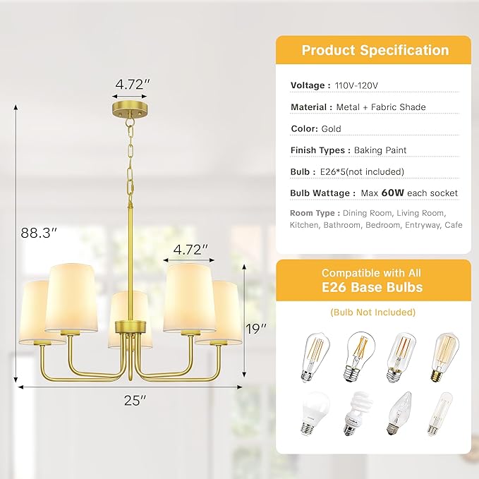 Farmhouse Chandelier, 5-Light Gold Chandelier with White Fabric Shade, Height Adjustable Modern Dining Room Light Fixture with E26 Base for Bedroom Foyer Hallway Entryway Kitchen Living Room