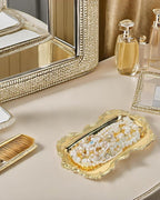 Quluxe Vintage Trinket Dish Jewelry Tray Small Perfume Organizer Tray for Wedding Photographer Detail Props Ceremony Antique Decor (Gold)
