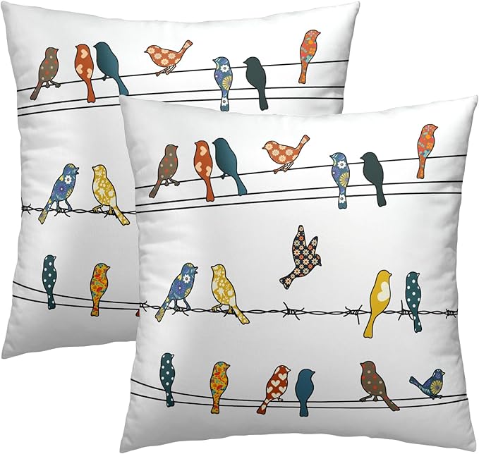 Birds Throw Pillow Covers 16 x 16 Inches Set of 2 Rustic Farmhouse Vintage Rowley Bird Print Multicolor Cotton Linen Pillowcase for Couch Sofa Car Office Decoration