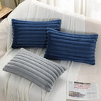 Pallene Faux Fur Plush Lumbar Throw Pillow Covers 12x20 Set of 2, Luxury Soft Fluffy Striped Decorative Pillow Covers for Sofa, Couch, Living Room, Navy Blue