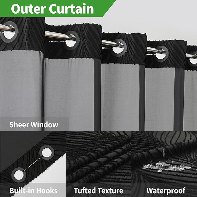 no Hook Shower Curtain and Liner Set，Boho Style with See Through Top Window, Black Fabric Tufted Striped Textured Outer Curtain & Waterproof Inner Liner, DarkBlack, 71Wx74H